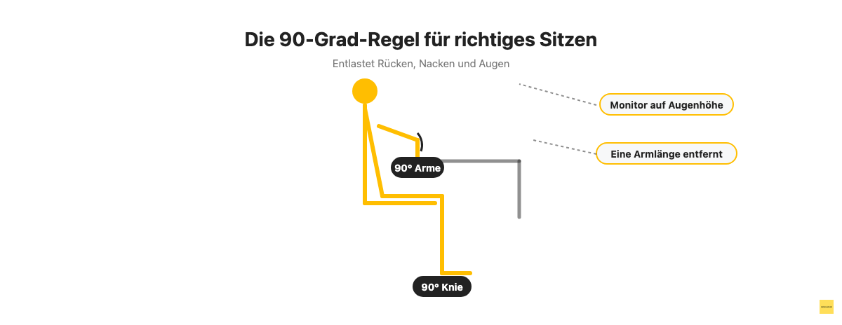 Ergonomische Sitzhaltung im Home-Office mit 90-Grad-Winkel und Monitor auf Augenhöhe