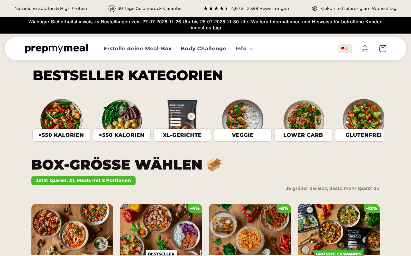 PrepMyMeal Startseite: proteinreiche Fertiggerichte als HelloFresh Alternative ohne Kochen