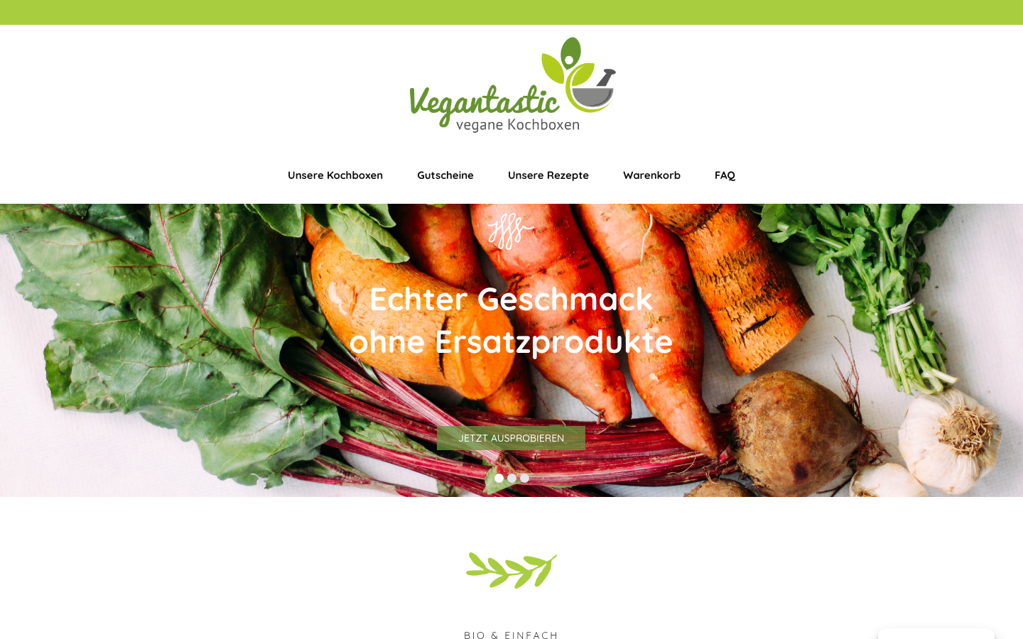 Vegantastic Startseite: vegane Kochbox mit Bio-Zutaten ohne Ersatzprodukte