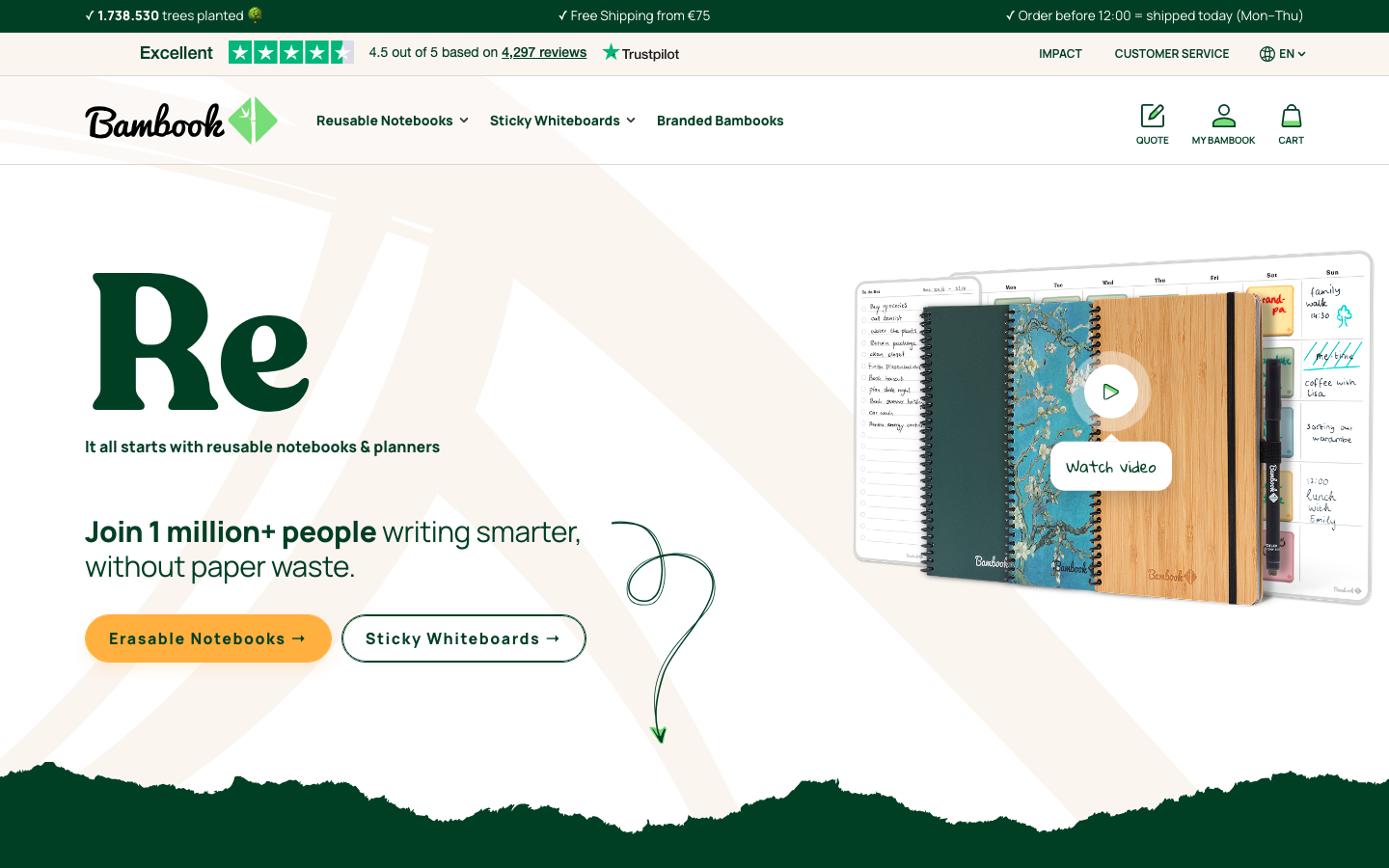 Bambook Markenseite mit wiederverwendbaren Notizbüchern und Baumpflanz-Aktion