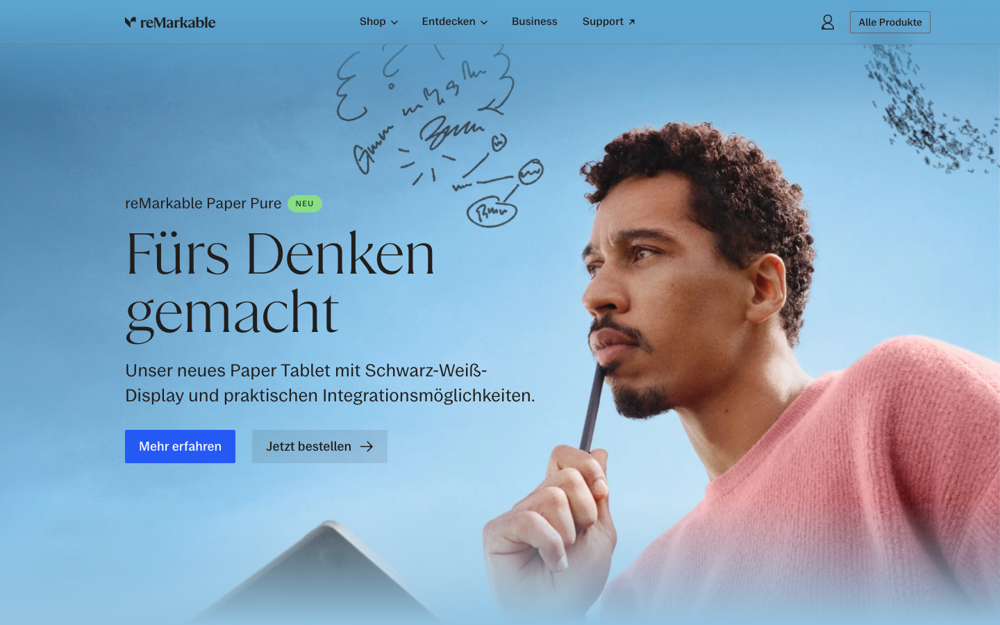 Startseite von remarkable.com mit der reMarkable Paper Pure