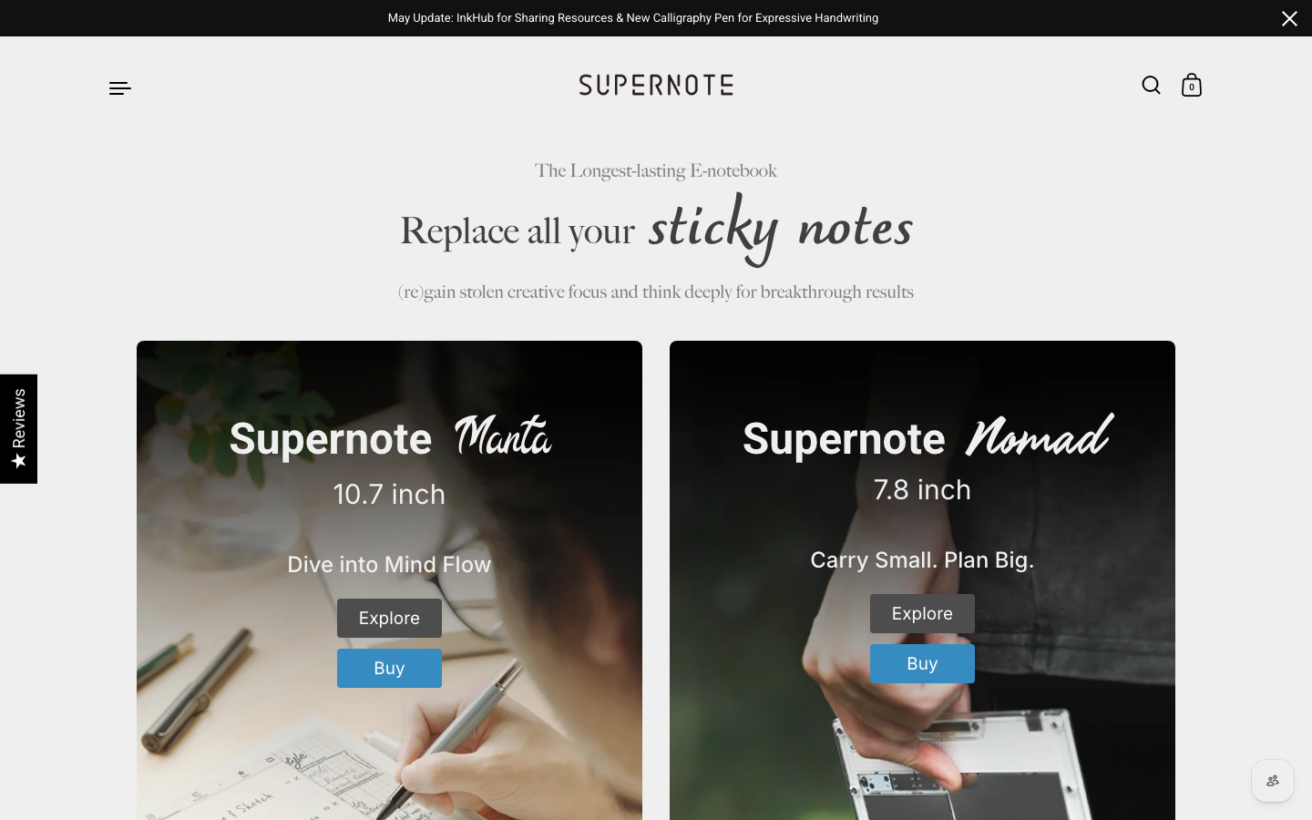 Startseite von supernote.com mit den Modellen Manta und Nomad