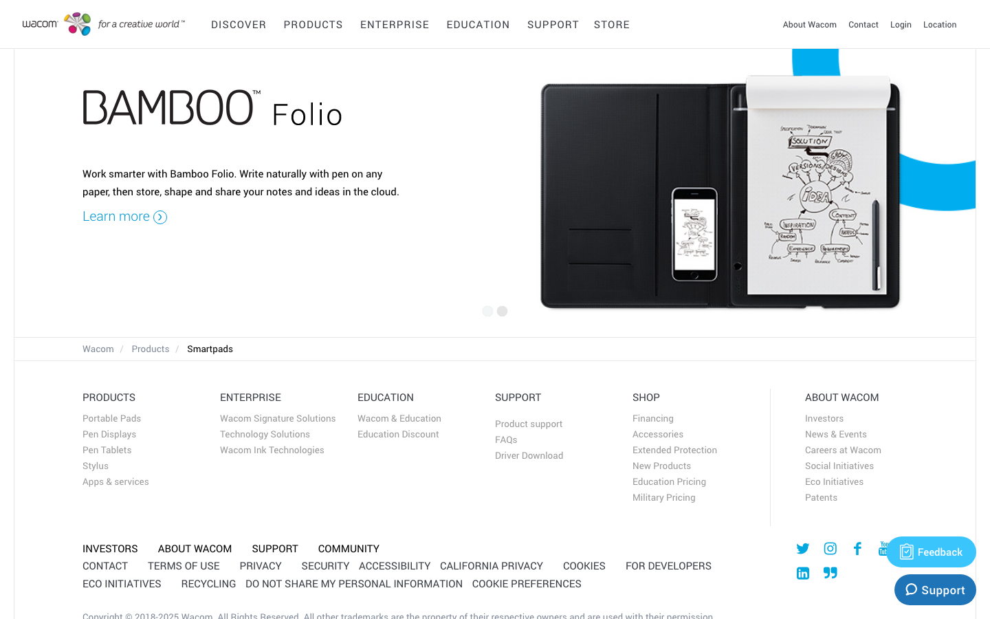 Wacom Bamboo Smartpad Produktseite mit Folio und Slate im Überblick