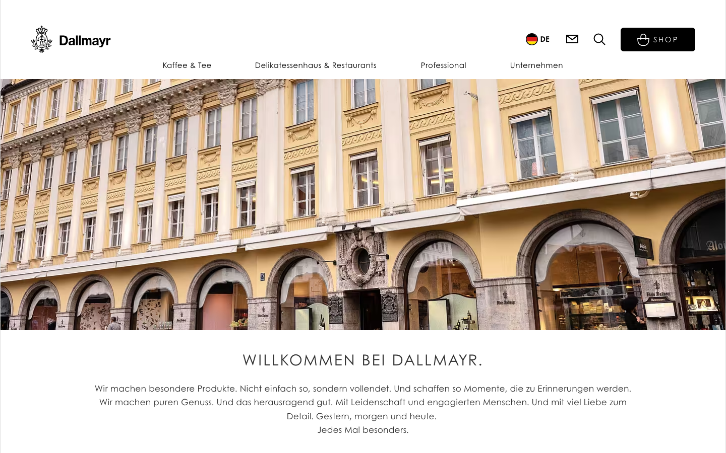 Dallmayr Markenwebsite mit Blick auf das Delikatessenhaus in München