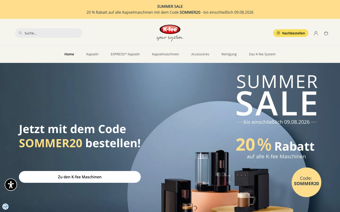 K-fee Onlineshop mit Navigationspunkt für EXPRESSI Kapseln