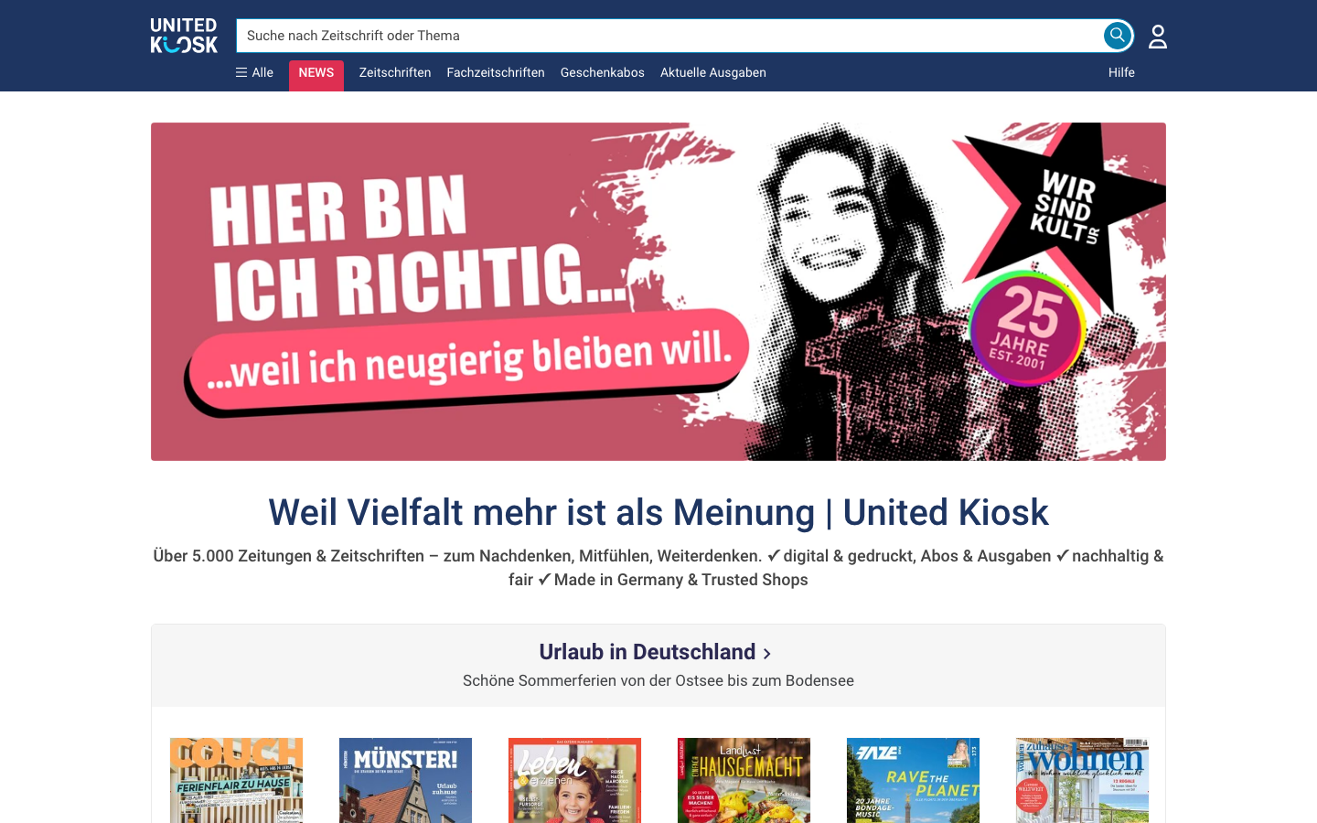 United Kiosk News Startseite: Zeitschriften-Flatrate mit Fokus auf deutschsprachige Titel