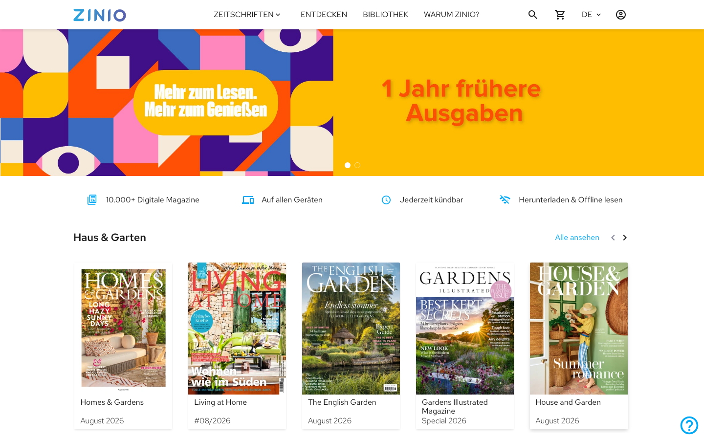 Zinio Startseite mit über 10.000 digitalen Magazinen in mehr als 30 Sprachen