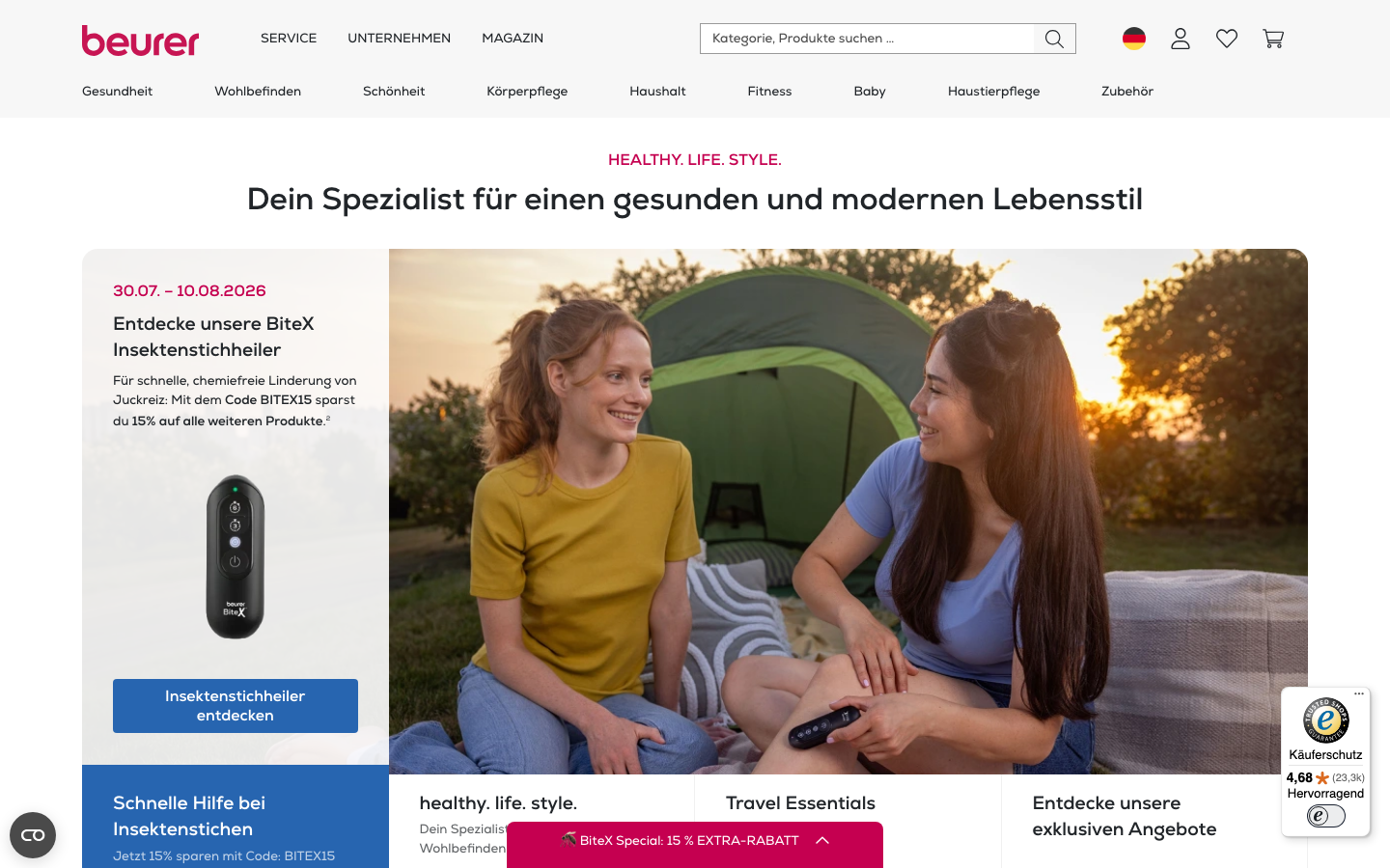 Beurer Website, Hersteller des leisen Luftbefeuchters LB 300 Plus fürs Schlafzimmer