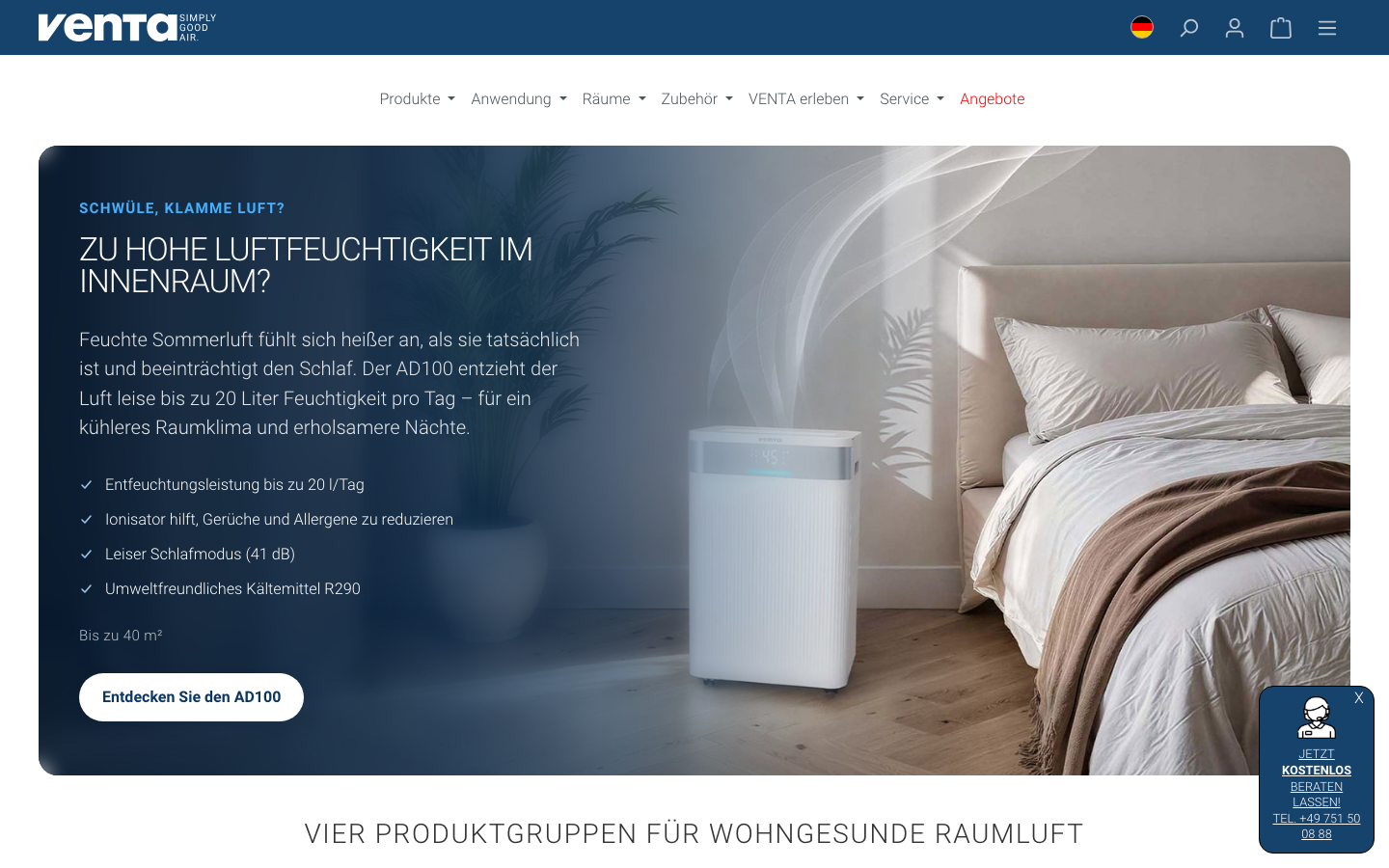 Venta Website, Hersteller des besonders leisen Luftwäschers LW25 Comfort Plus