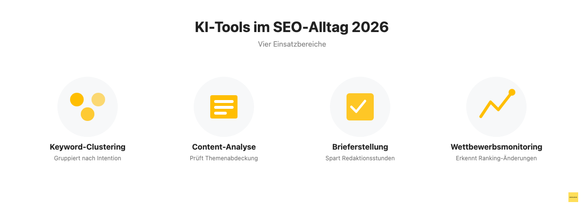 Vier Einsatzbereiche von KI-Tools im SEO-Management 2026