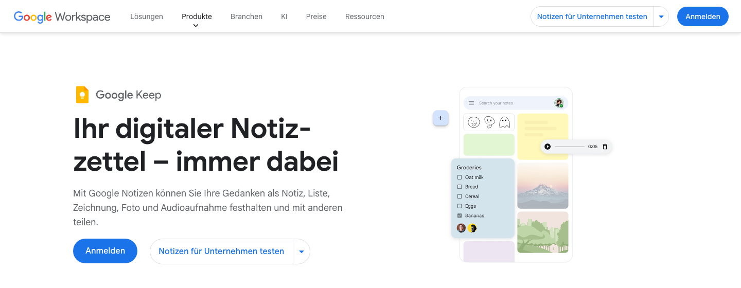 Google Keep Homepage – kostenlose Notiz-App als einfache Evernote Alternative