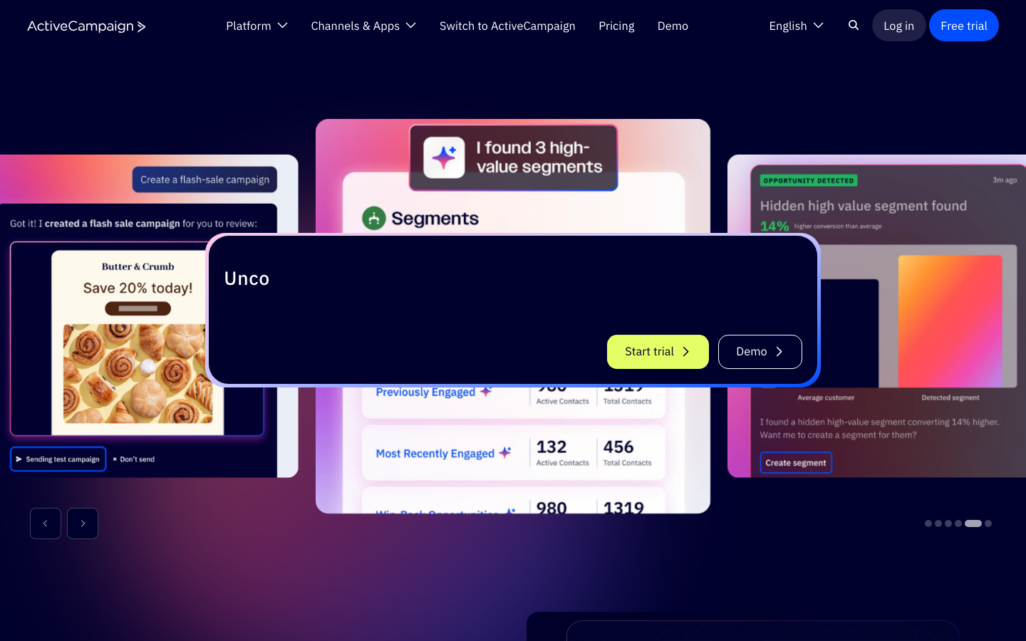 ActiveCampaign Homepage mit KI-Segmentierung und Automatisierungsfunktionen