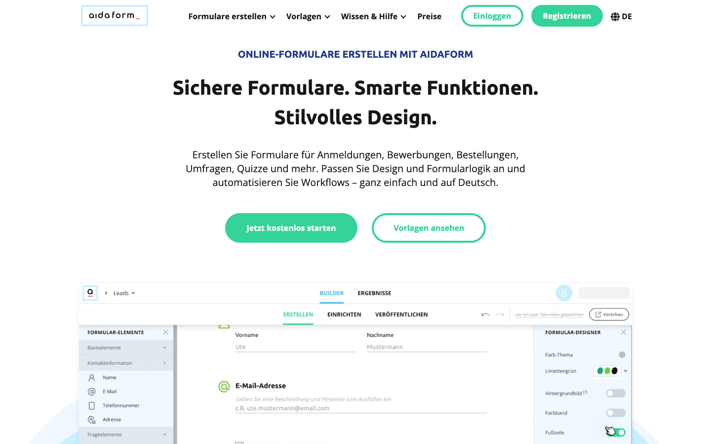 Screenshot der AidaForm-Startseite: deutscher Formular-Builder mit konversationeller und klassischer Ansicht