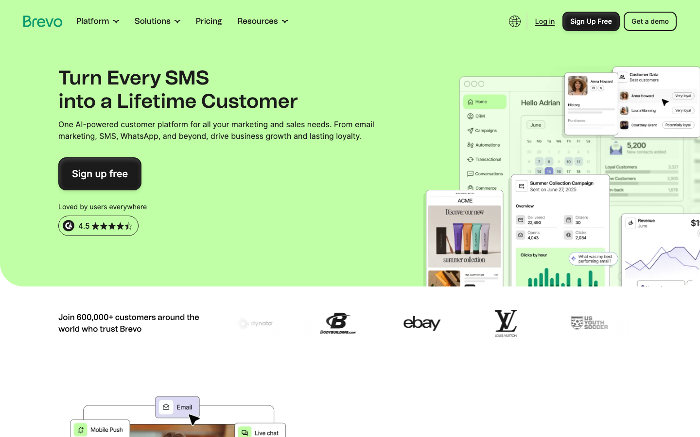 Brevo Homepage mit CRM-Dashboard und Multi-Channel-Marketing-Funktionen