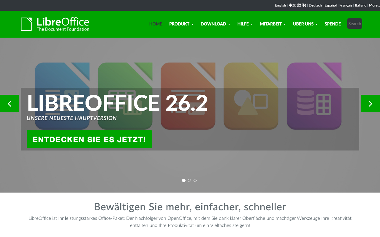 LibreOffice Homepage mit Version 26.2 – kostenlose Microsoft Office Alternative