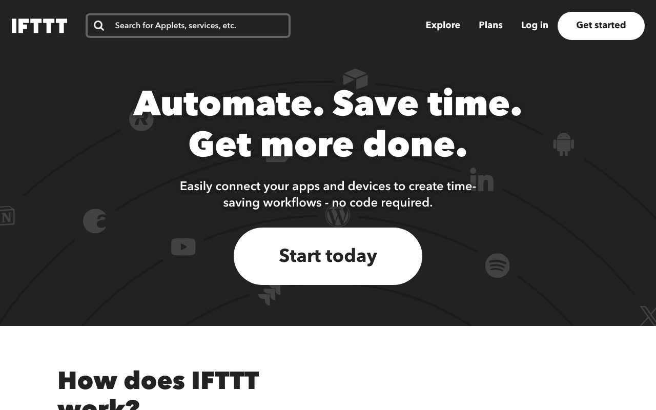 IFTTT Homepage Screenshot – Einfache Automatisierungen