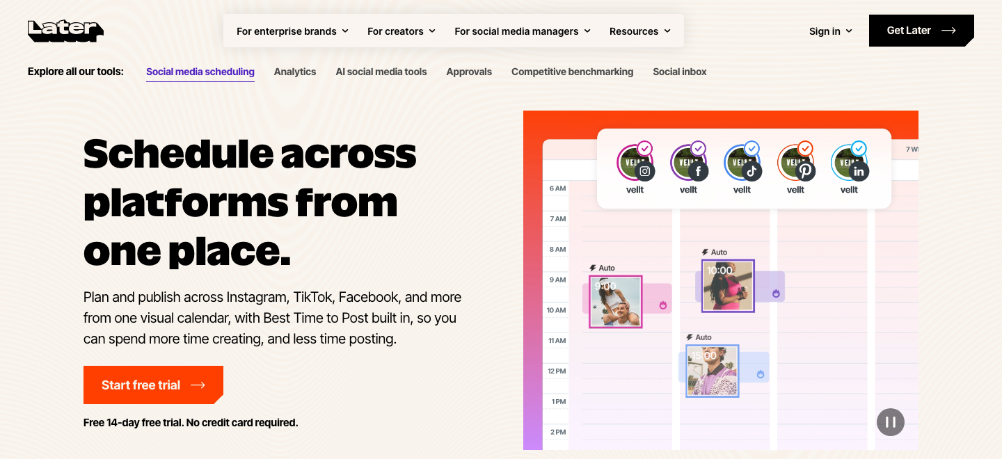 Later Social-Media-Scheduling-Produktseite mit Planungskalender