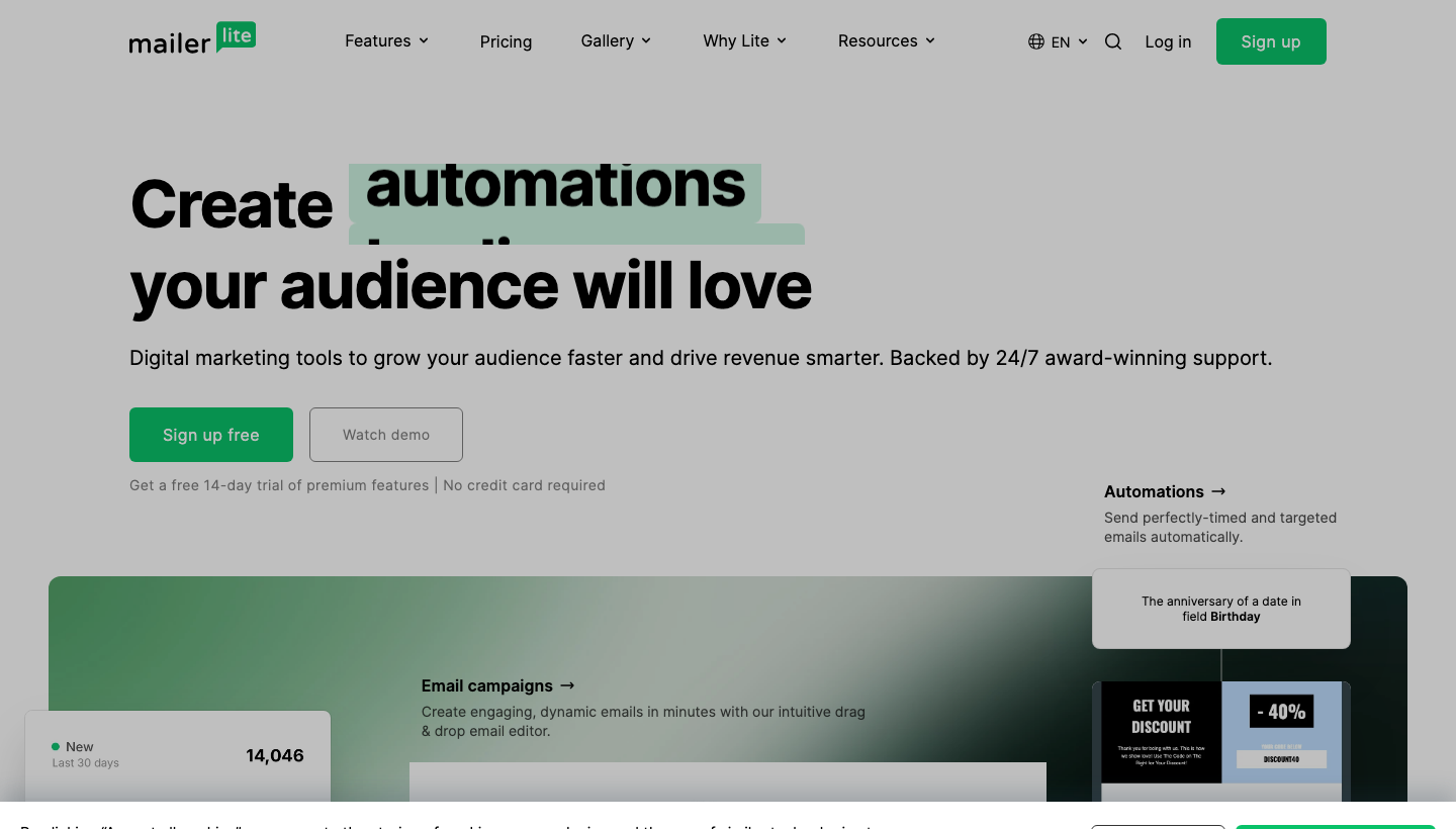 MailerLite Homepage mit Automations-Editor und E-Mail-Kampagnen-Funktionen