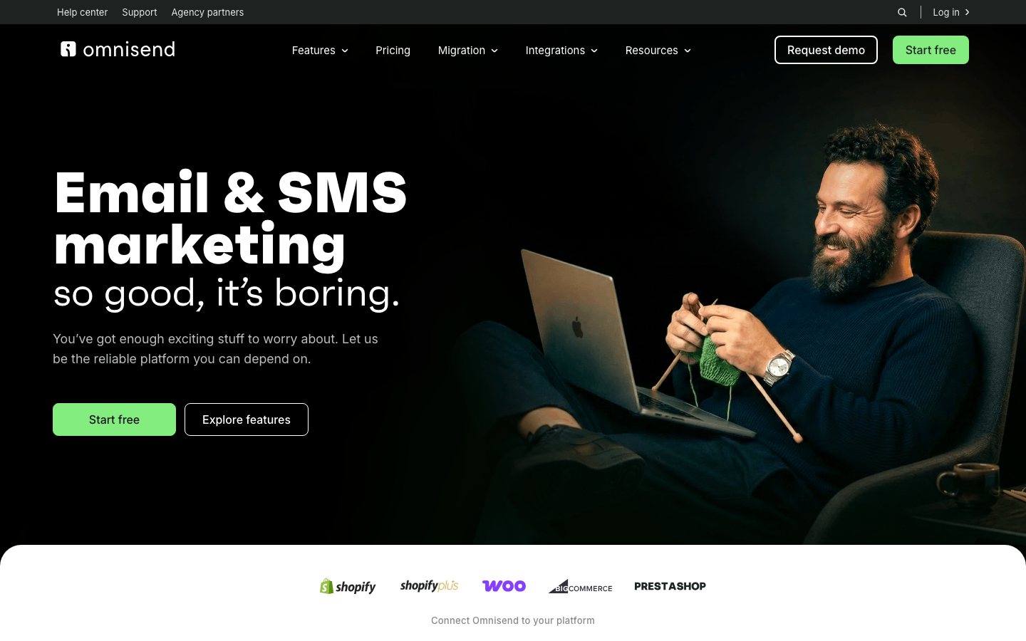 Omnisend Homepage mit E-Mail und SMS Marketing für E-Commerce-Shops
