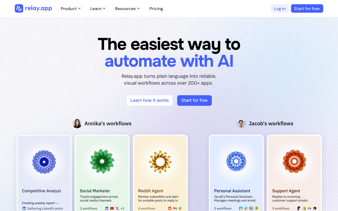 Relay.app Homepage Screenshot – KI-native Workflow-Automatisierung