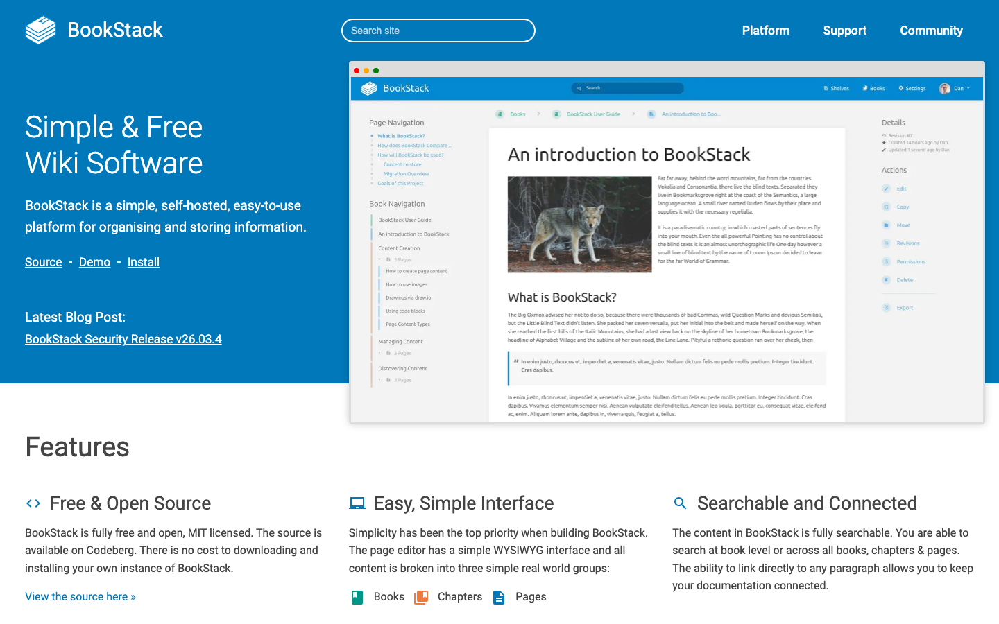BookStack Homepage – kostenlose Open-Source Wiki-Software für Self-Hosting