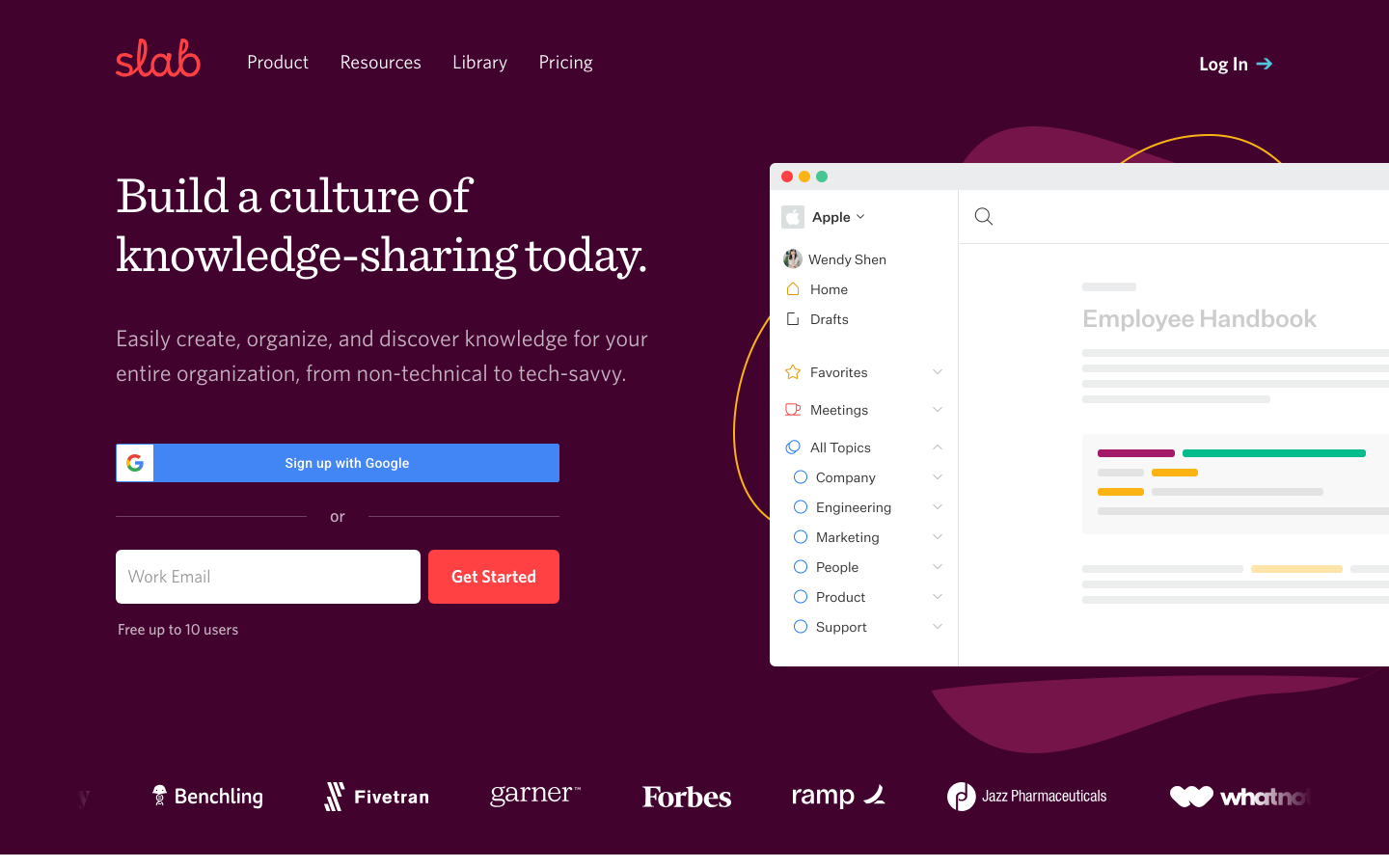 Slab Homepage – fokussiertes Team-Wiki für Remote-Teams