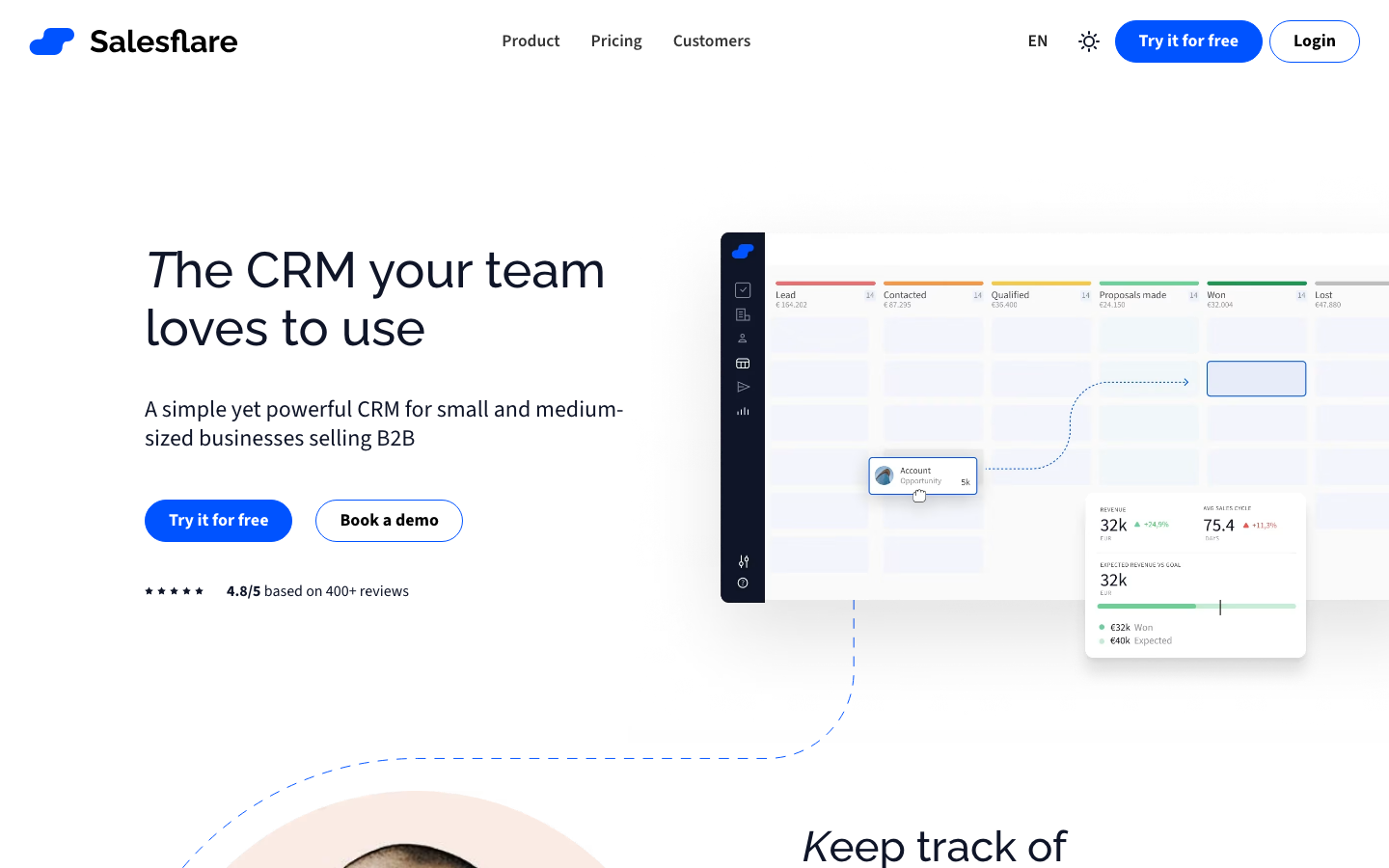Salesflare Screenshot 2026 – B2B CRM Startseite