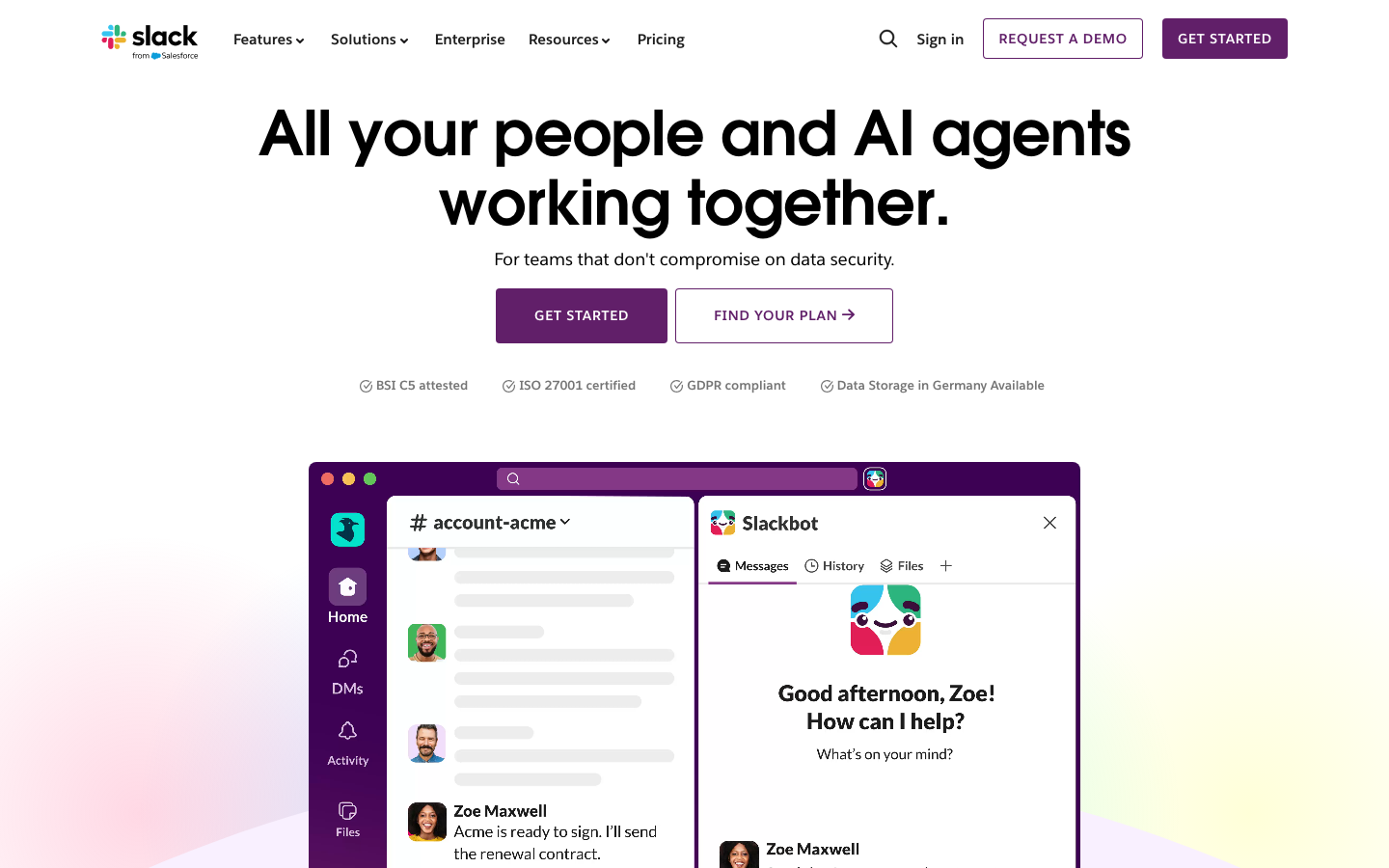 Slack-Startseite – kanalbasierte Kommunikation und KI-Agenten als Microsoft Teams Alternative