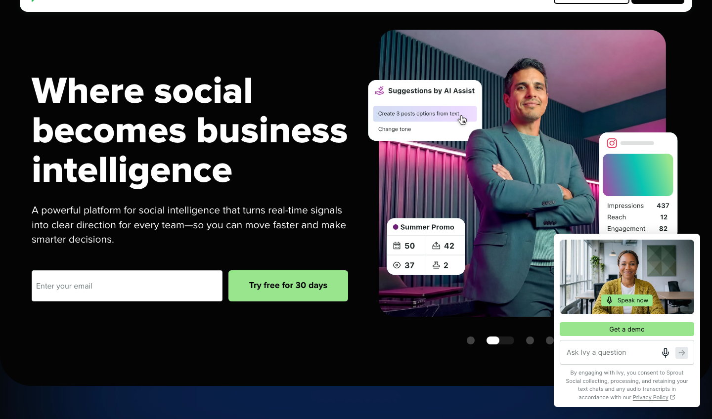 Startseite von Sprout Social mit KI-Assist-Vorschau