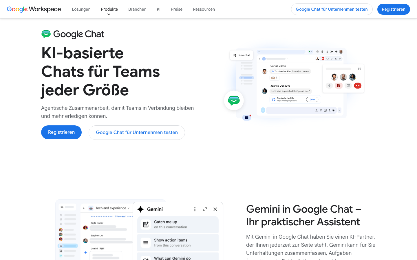 Google Chat Startseite – KI-basierte Team-Kommunikation für Google Workspace