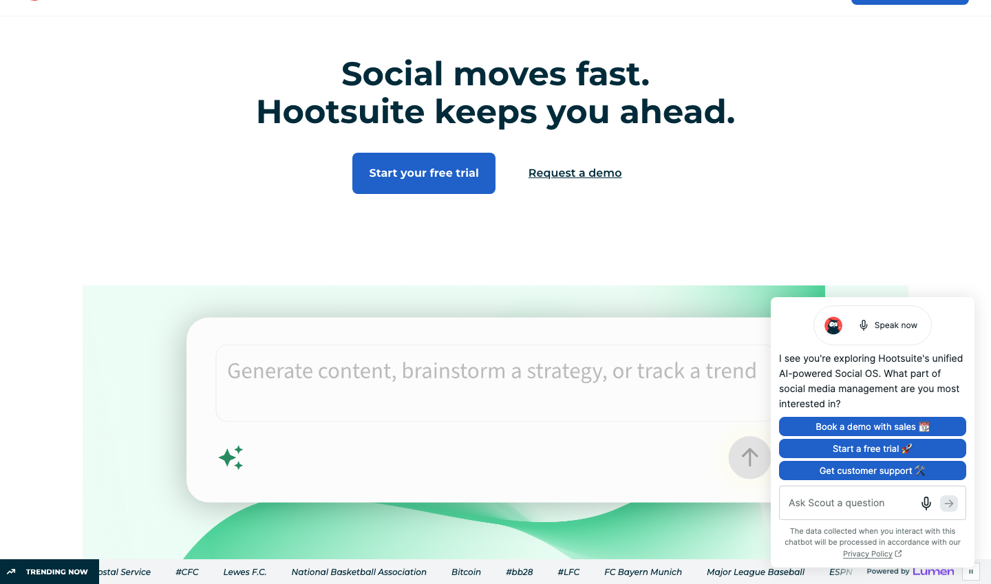 Startseite von Hootsuite mit Social-Media-Management-Angebot