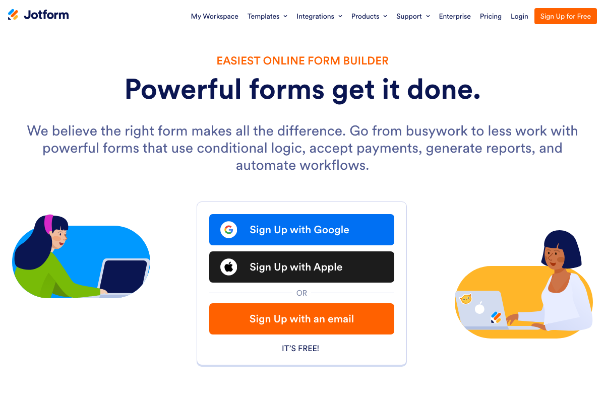 Screenshot der JotForm-Startseite - Typeform Alternative für komplexe Formulare