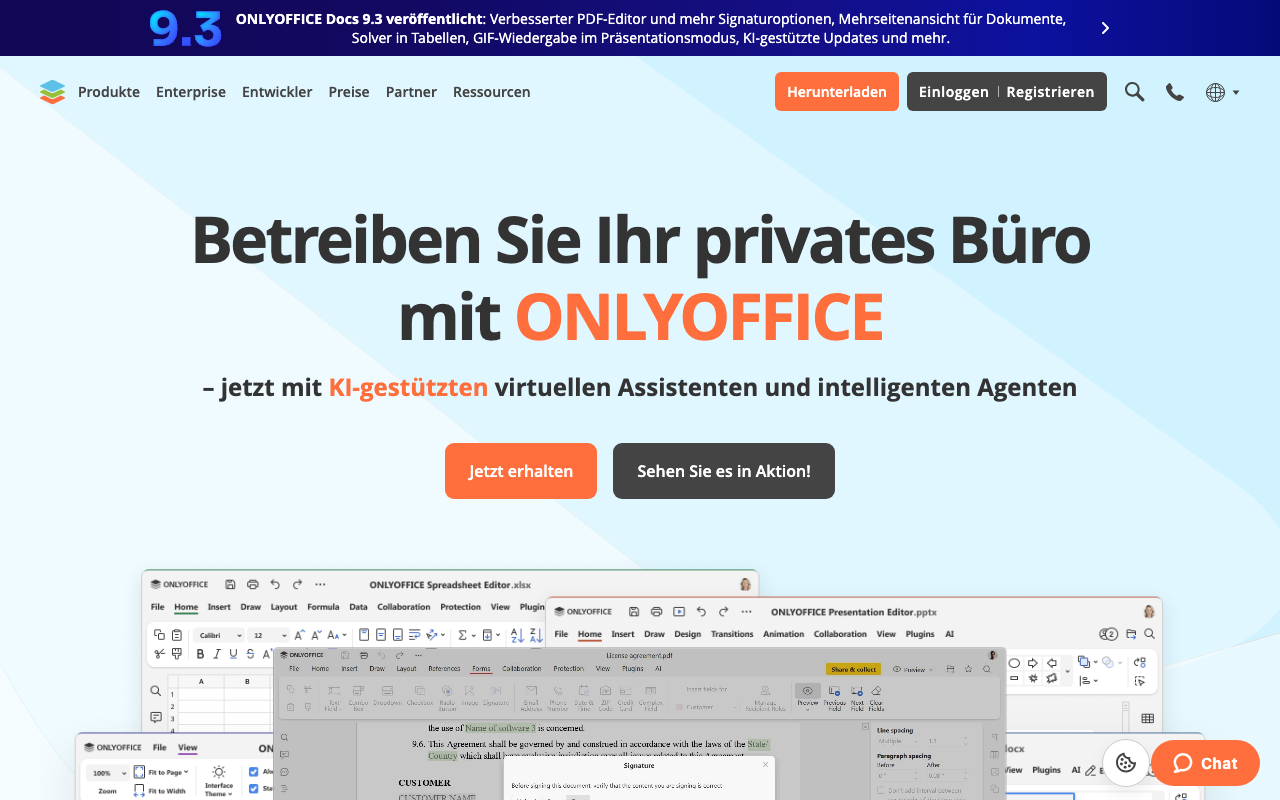 OnlyOffice Homepage – datenschutzkonforme Microsoft Office Alternative mit Selbst-Hosting
