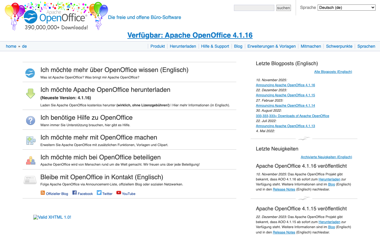 Apache OpenOffice Homepage – klassische kostenlose Microsoft Office Alternative