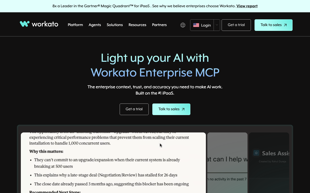 Workato Homepage Screenshot – Enterprise Automatisierungsplattform