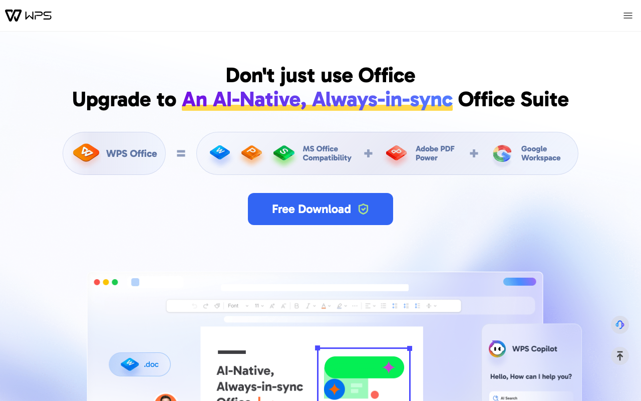 WPS Office Homepage – AI-native Office Suite als Microsoft Office Alternative