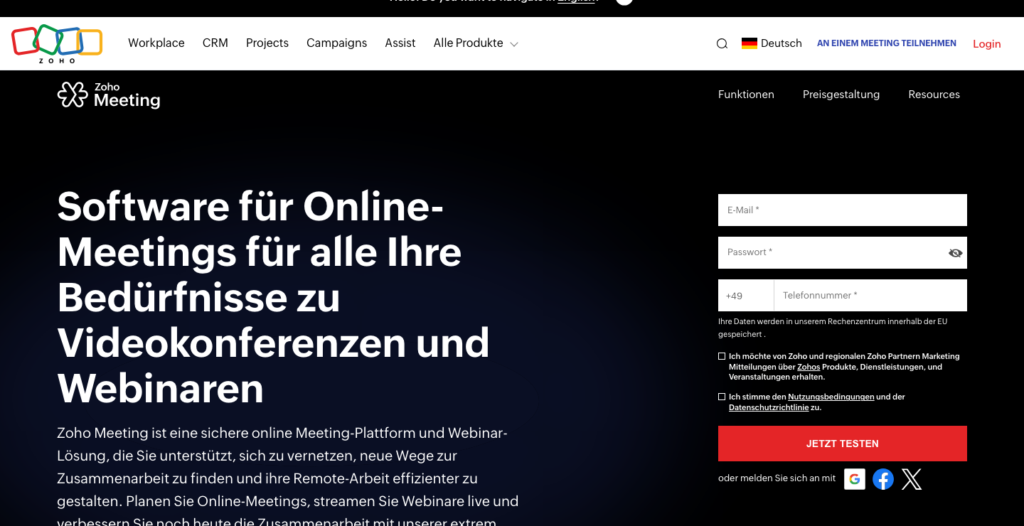 Zoho Meeting Homepage – günstige Zoom Alternative mit EU-Rechenzentren