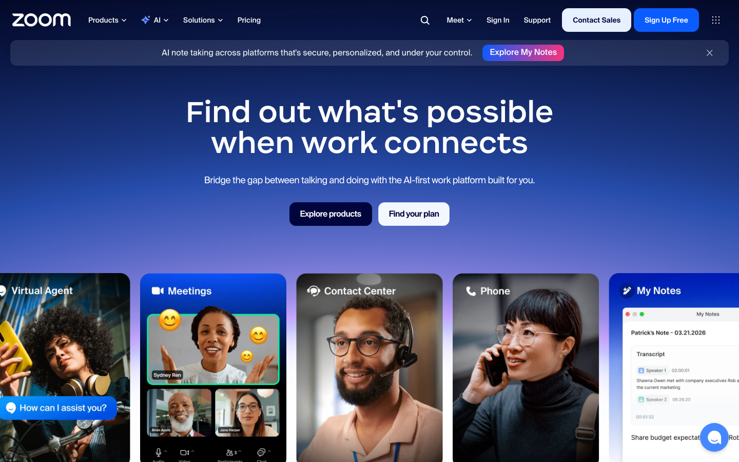Zoom-Startseite – Video-Meetings, KI-Notizen und Webinare