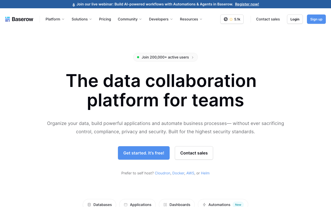 Baserow Homepage – DSGVO-konforme EU Airtable Alternative