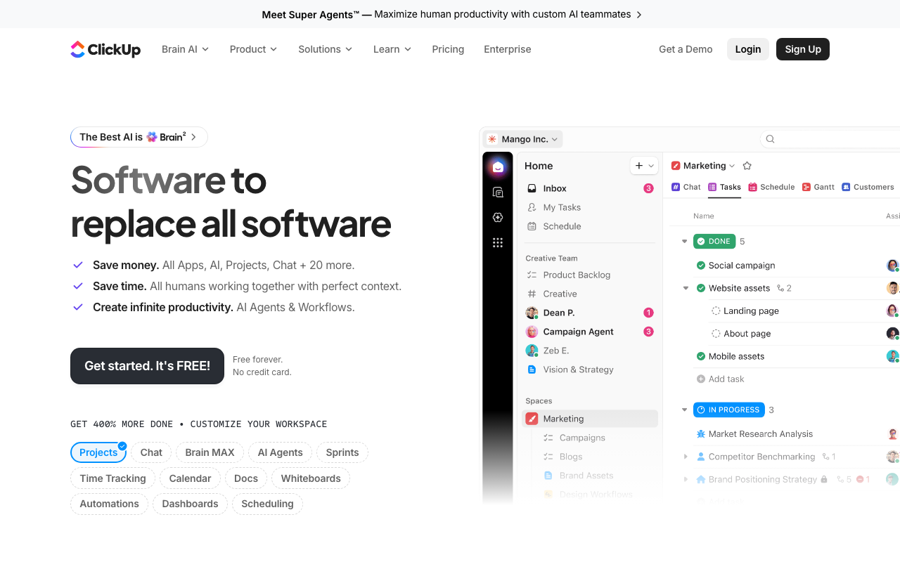 ClickUp Homepage – kostenlose All-in-One Airtable Alternative