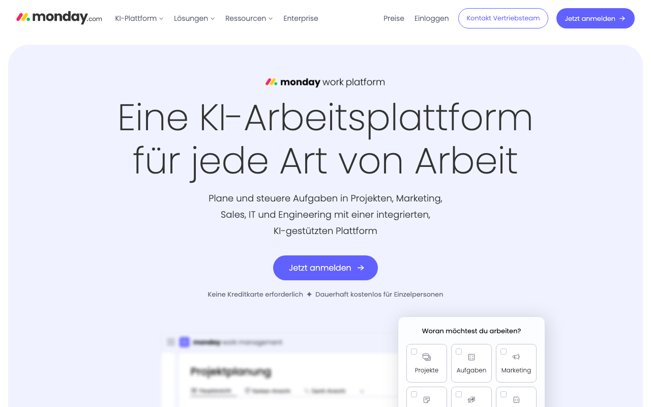 Monday.com Homepage – Airtable Alternative für Projektmanagement