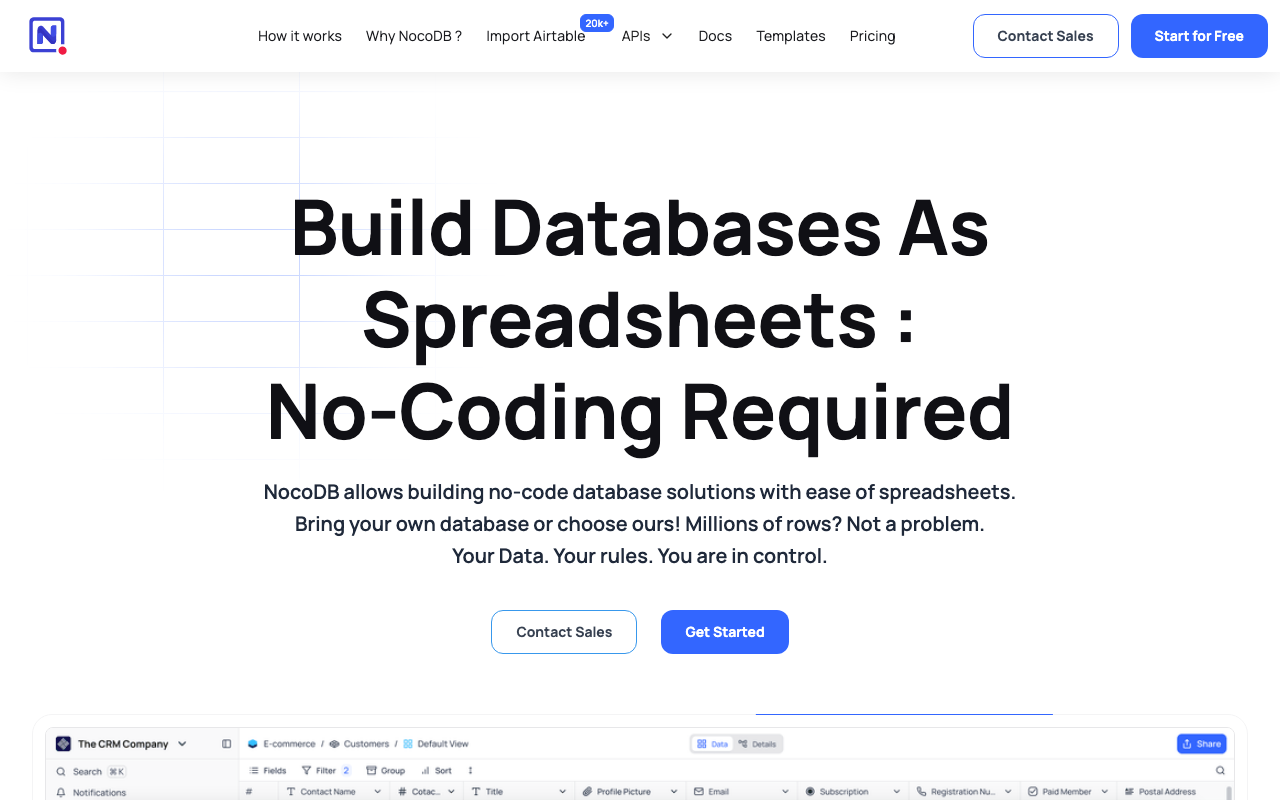 NocoDB Homepage – kostenlose Open-Source Airtable Alternative
