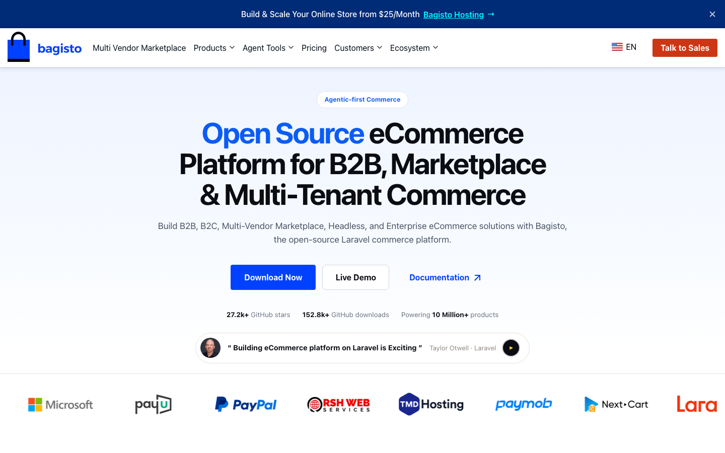 Bagisto Homepage - Open-Source Shopify Alternative auf Laravel-Basis