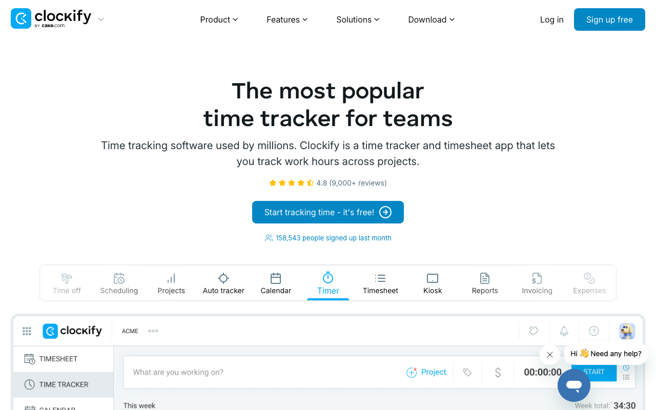 Clockify Homepage: Zeiterfassungs-Tool mit kostenlosem Free-Plan für unbegrenzte Nutzer