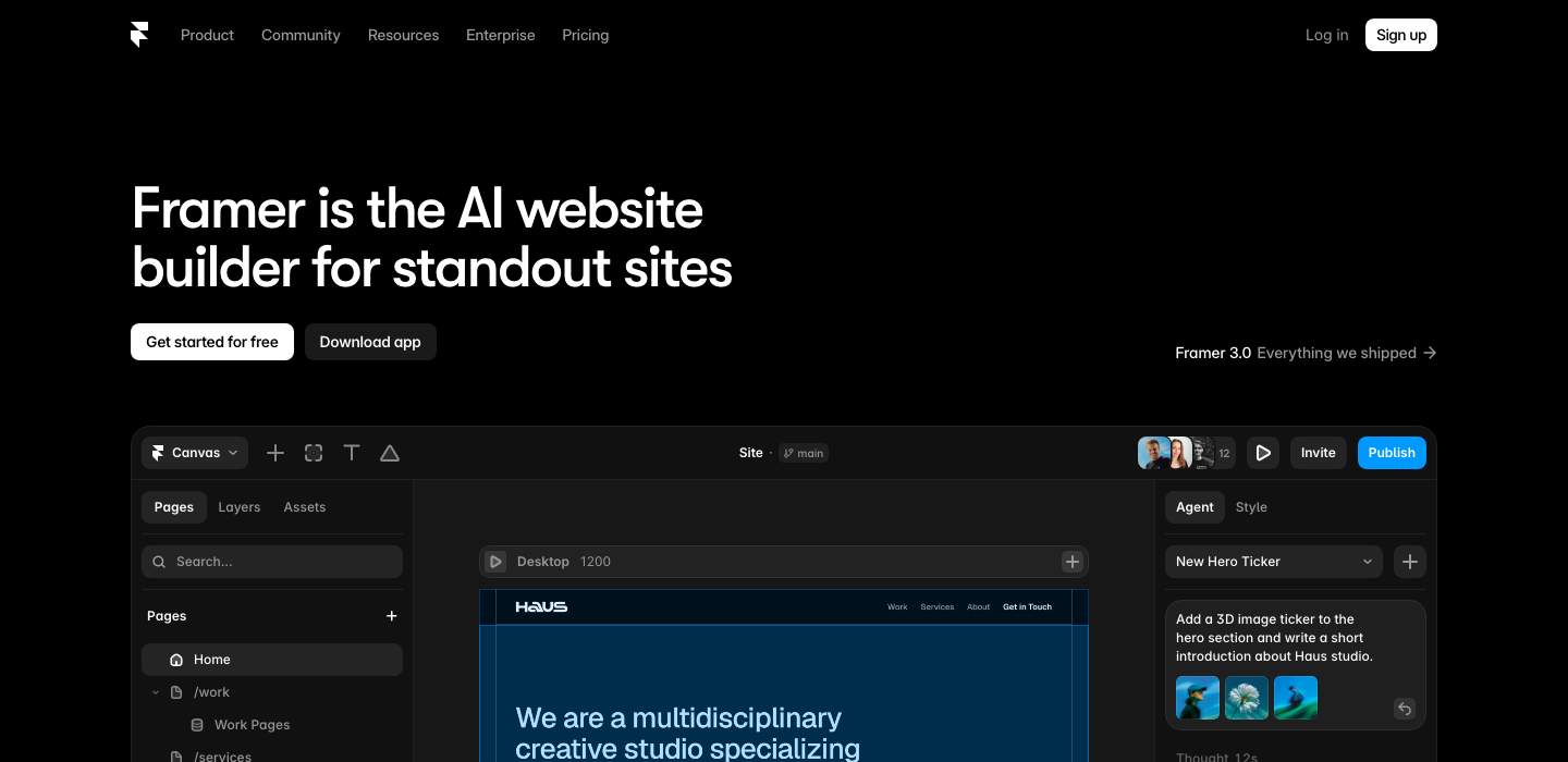 Framer Website-Builder Startseite – KI-gestützte Design-Generierung für Profis