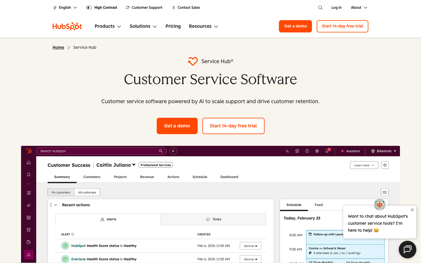 HubSpot Service Hub Startseite mit KI-gestützter Kundenservice-Software und CRM-Dashboard.