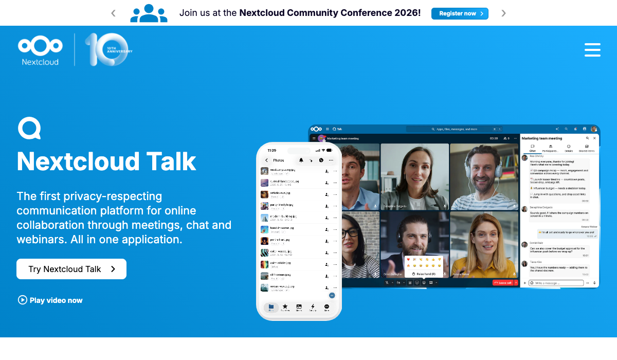 Nextcloud Talk Startseite - selbst gehostete Webex Alternative