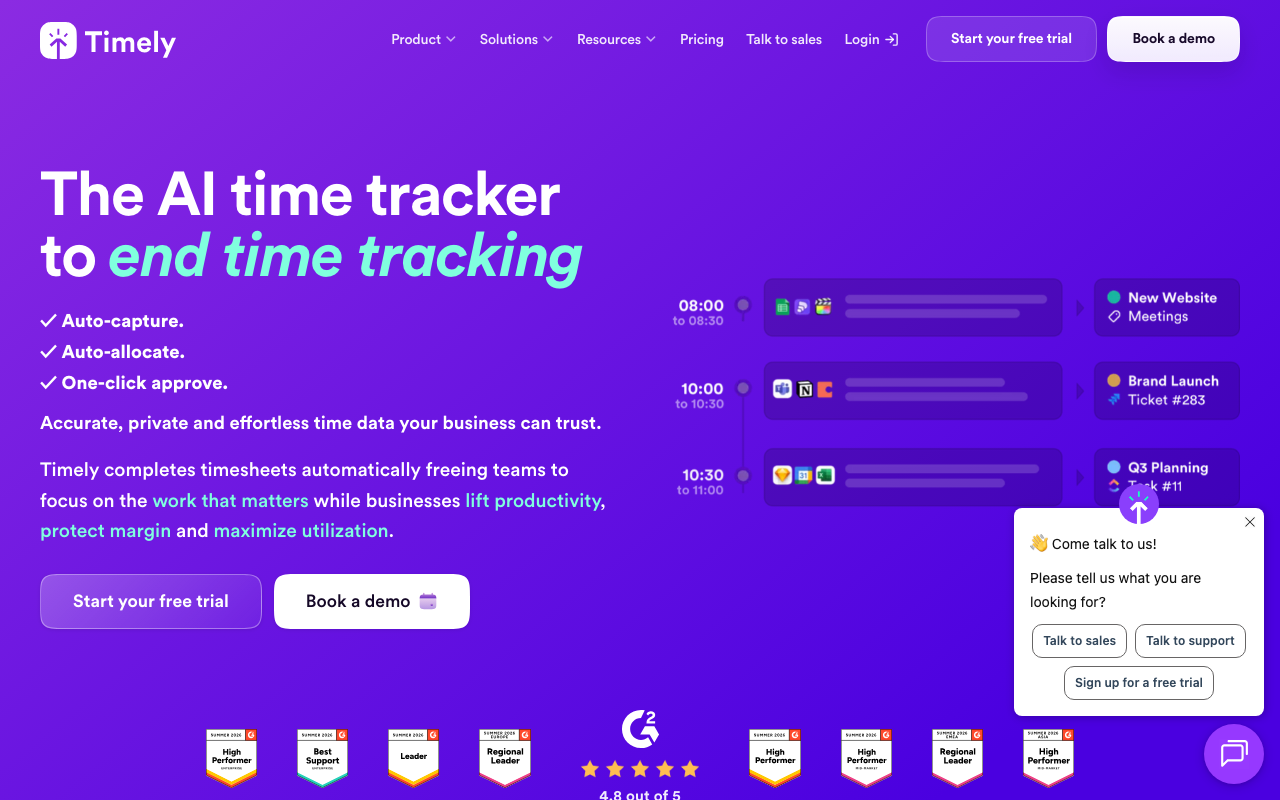 Timely Homepage: KI-gestützte automatische Zeiterfassung ohne manuelles Tracking