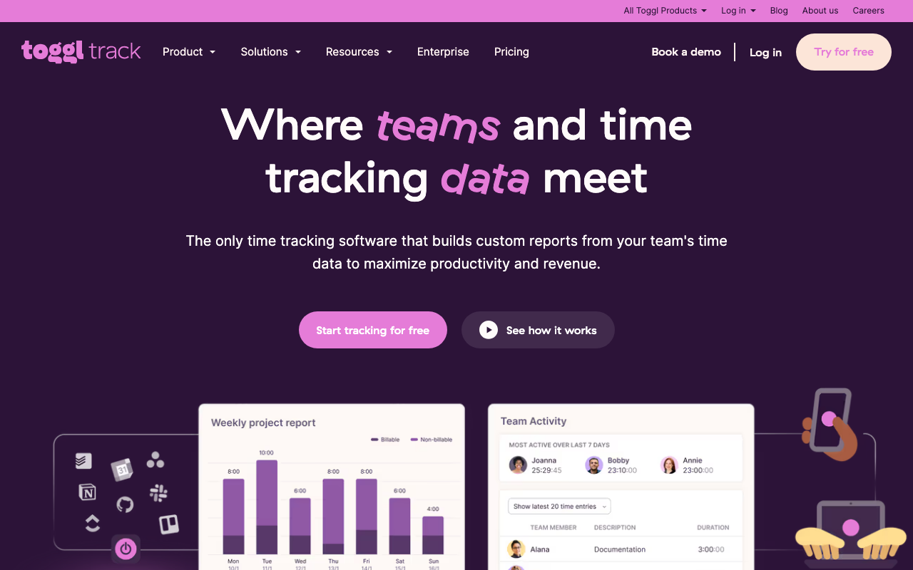 Toggl Track Homepage: Zeiterfassungs-Software für Teams mit über 100 Integrationen