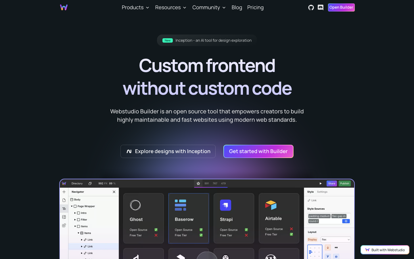 Webstudio Startseite – Open-Source Website-Builder mit vollem CSS-Zugriff